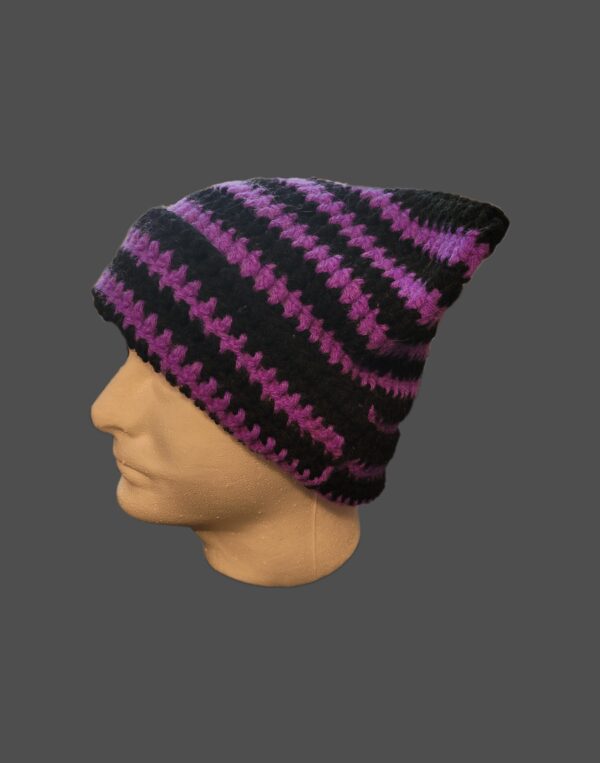 Cat ear beanie, purple and black, folded brim - Image 2