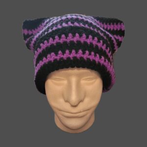 Cat ear beanie, purple and black, folded brim
