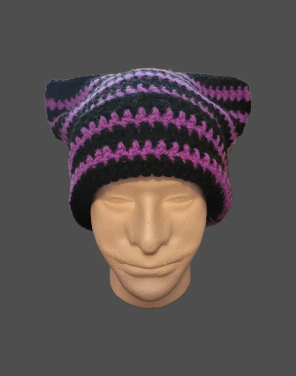 Cat ear beanie, purple and black, folded brim