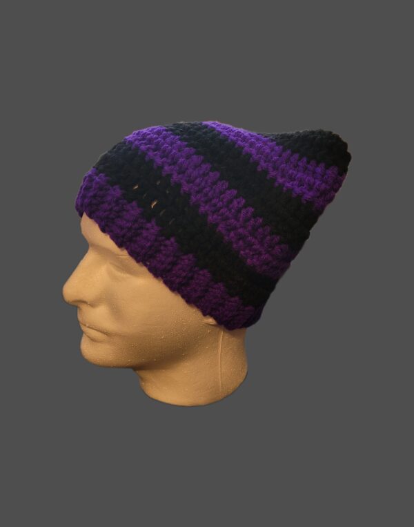Cat ear beanie, purple and black, folded brim - Image 2