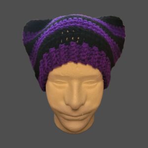 Cat ear beanie, purple and black striped