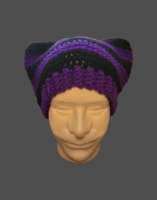 Cat ear beanie, purple and black, folded brim